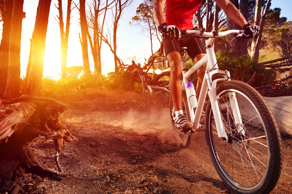 female biker riding mountain bike through forest